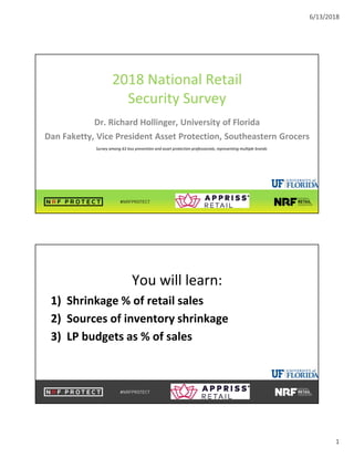 6/13/2018
1
2018 National Retail
Security Survey
Dr. Richard Hollinger, University of Florida
Dan Faketty, Vice President Asset Protection, Southeastern Grocers
Survey among 63 loss prevention and asset protection professionals, representing multiple brands
You will learn:
1) Shrinkage % of retail sales
2) Sources of inventory shrinkage
3) LP budgets as % of sales
 