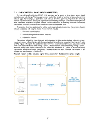 5.3   PHASE INTERVALS AND BASIC PARAMETERS
     An interval is defined in the NTCIP 1202 standard as “a period of time during which signal
indications do not change.” Various parameters control the length of an interval depending on the
interval type. For example, a pedestrian walk interval (the time period during which the Walking
Person signal indication is displayed) is generally controlled by the single user-defined setting for the
walk parameter. The vehicular green interval, on the other hand, is generally controlled by multiple
parameters, including minimum green, maximum green, and passage time.
     This section describes guidelines for setting basic parameters that determine the duration of each
interval associated with a signal phase. These intervals include:
        •   Vehicular Green Interval
        •   Vehicle Change and Clearance Intervals
        •   Pedestrian Intervals
     Parameters related to these intervals and discussed in this section include minimum green,
maximum green, yellow-change, red clearance, pedestrian walk, and pedestrian flashing don’t walk
(FDW). Figure 5-1 depicts the relationship between these parameters and the user group associated
with each interval that may time during a phase. These intervals time concurrently during a phase.
Although shown here, signal preemption and priority are addressed in Chapter 9. Additional timing
parameters related to actuated control (e.g., passage time) may also influence the duration of an
interval and are discussed in Section 5.4.
Figure 5-1 Users and the actuated signal timing parameters that determine phase length




                                                5-5
 