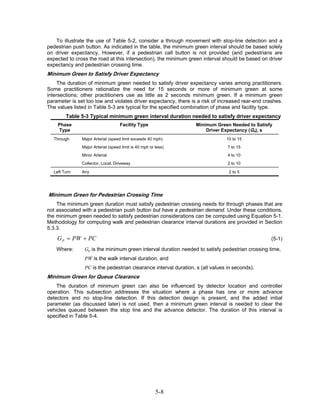 To illustrate the use of Table 5-2, consider a through movement with stop-line detection and a
pedestrian push button. As indicated in the table, the minimum green interval should be based solely
on driver expectancy. However, if a pedestrian call button is not provided (and pedestrians are
expected to cross the road at this intersection), the minimum green interval should be based on driver
expectancy and pedestrian crossing time.
Minimum Green to Satisfy Driver Expectancy
     The duration of minimum green needed to satisfy driver expectancy varies among practitioners.
Some practitioners rationalize the need for 15 seconds or more of minimum green at some
intersections; other practitioners use as little as 2 seconds minimum green. If a minimum green
parameter is set too low and violates driver expectancy, there is a risk of increased rear-end crashes.
The values listed in Table 5-3 are typical for the specified combination of phase and facility type.
        Table 5-3 Typical minimum green interval duration needed to satisfy driver expectancy
    Phase                           Facility Type                Minimum Green Needed to Satisfy
    Type                                                             Driver Expectancy (Ge), s
  Through      Major Arterial (speed limit exceeds 40 mph)                     10 to 15
               Major Arterial (speed limit is 40 mph or less)                   7 to 15
               Minor Arterial                                                   4 to 10
               Collector, Local, Driveway                                       2 to 10

  Left Turn    Any                                                              2 to 5




Minimum Green for Pedestrian Crossing Time
    The minimum green duration must satisfy pedestrian crossing needs for through phases that are
not associated with a pedestrian push button but have a pedestrian demand. Under these conditions,
the minimum green needed to satisfy pedestrian considerations can be computed using Equation 5-1.
Methodology for computing walk and pedestrian clearance interval durations are provided in Section
5.3.3.

    G P = PW + PC                                                                                 (5-1)

    Where:      Gp is the minimum green interval duration needed to satisfy pedestrian crossing time,
                PW is the walk interval duration, and
                PC is the pedestrian clearance interval duration, s (all values in seconds).
Minimum Green for Queue Clearance
    The duration of minimum green can also be influenced by detector location and controller
operation. This subsection addresses the situation where a phase has one or more advance
detectors and no stop-line detection. If this detection design is present, and the added initial
parameter (as discussed later) is not used, then a minimum green interval is needed to clear the
vehicles queued between the stop line and the advance detector. The duration of this interval is
specified in Table 5-4.




                                                        5-8
 