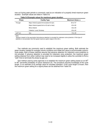 max out during peak periods is commonly used as an indication of a properly timed maximum green
duration. Example values are listed in Table 5-5.
           Table 5-5 Example values for maximum green duration
       Phase                                 Facility Type                                 Maximum Green, s
                                                                                                             1
 Through                Major Arterial (speed limit exceeds 40 mph)                               50 to 70
                        Major Arterial (speed limit is 40 mph or less)                            40 to 60
                        Minor Arterial                                                            30 to 50
                        Collector, Local, Driveway                                                20 to 40

 Left Turn              Any                                                                       15 to 30

 Note:
 1
  Range is based on the assumption that advance detection is provided for indecision zone protection. If this type of
 detection is not provided, then the typical maximum green range is 40 to 60 s.




     Two methods are commonly used to establish the maximum green setting. Both estimate the
green duration needed for average volume conditions and inflate this value to accommodate cycle-to-
cycle peaks. Both of these methods assume that advance detection for indecision zone protection is
not provided. If advance detection is provided for indecision zone protection, the maximum green
setting obtained from either method may need to be increased slightly to allow the controller to find a
“safe” time to terminate the phase by gap out.
    One method used by some agencies is to establish the maximum green setting based on an 85th
to 95th percentile probability of queue clearance (6). The procedure requires knowledge of the cycle
length, or an estimate of its average value for actuated operation. If the cycle length is known, then
the maximum green setting for a signal phase can be obtained from Table 5-6.




                                                           5-10
 