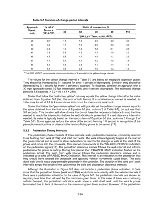 Table 5-7 Duration of change period intervals

     Approach         “t + v/2a”                                Width of Intersection, ft
      Speed,          Terms, s
                                         30               50               70               90    110
       mph           (YELLOW)
                                                          “(W+Lv)/v” Term, s (ALL-RED)
                               a
         25              3.0             1.4              1.9              2.5              3.0   3.5
         30              3.2             1.1              1.6              2.0              2.5   3.0
         35              3.6             1.0              1.4              1.8              2.1   2.5
         40              3.9             0.9              1.2              1.5              1.9   2.2
         45              4.3             0.8              1.1              1.4              1.7   2.0
         50              4.7             0.7              1.0              1.2              1.5   1.8
         55              5.0             0.6              0.9              1.1              1.4   1.6
         60              5.4             0.6              0.8              1.0              1.2   1.5
a
    The 2003 MUTCD recommends a minimum duration of 3 seconds for the yellow change interval.


    The values for the yellow change interval in Table 5-7 are based on negligible approach grade.
They should be increased by 0.1 second for every 1 percent of downgrade. Similarly, they should be
decreased by 0.1 second for every 1 percent of upgrade. To illustrate, consider an approach with a
30 mph approach speed, 70-foot intersection width, and 4-percent downgrade. The estimated change
period is 5.6 seconds (= 3.2 + (0.1 x 4 + 2.0)).
    States that follow the “restrictive yellow” rule may equate the yellow change interval to the value
obtained from Equation 5-2 (i.e., the sum of both terms). If a red-clearance interval is needed, its
value may be set at 0.5 to 2 seconds, as determined by engineering judgment.
    States that follow the “permissive yellow” rule will typically set the yellow change interval equal to
the value obtained from the first term of Equation 5-2 (i.e., column 2 of Table 5-7), but not less than
3.0 seconds. This duration will allow drivers that do not have the necessary distance to stop the time
needed to reach the intersection before the red indication is presented. If a red clearance interval is
needed, its value is typically based on the second term of Equation 5-2 (i.e., columns 3 through 7 of
Table 5-7). Some agencies reduce the value of the second term by 1.0 second in recognition of the
perception-reaction time of drivers in the next conflicting phase to be served (17).

5.3.3      Pedestrian Timing Intervals
     The pedestrian phase consists of three intervals: walk; pedestrian clearance, commonly referred
to as flashing don’t walk (FDW); and solid don’t walk. The walk interval typically begins at the start of
the green interval and is used to allow pedestrians to react to the change to walk at the start of the
phase and move into the crosswalk. This interval corresponds to the WALKING PERSON indication
on the pedestrian signal (18). The pedestrian clearance interval follows the walk interval and informs
pedestrians the phase is ending. During this interval, the UPRAISED HAND indication flashes on the
pedestrian signal. The solid don’t walk interval follows the pedestrian clearance interval and is
indicated by a solid UPRAISED HAND indication. This interval is an indication to the pedestrian that
they should have cleared the crosswalk and opposing vehicle movements could begin. The solid
don’t walk time is not a programmable parameter in the controller. The duration of the solid don’t walk
interval is simply the length of the cycle minus the walk and pedestrian clearance intervals.
    Although the illustration in Figure 5-2 does not include a pedestrian phase activation, it does
show that the pedestrian timers (walk and FDW) would time concurrently with the vehicle intervals if
there was a pedestrian activation. In the case of Figure 5-2, the pedestrian intervals are shown as
requiring less time than allowed by the maximum green timer. In this case, if there was continuing
vehicle demand, the pedestrian indication would show a solid don’t walk until the vehicle phase
terminated due to lack of demand or the maximum green timer expired. However, if the pedestrian


                                                        5-14
 