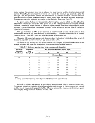 period expires, the extension timer limit is reduced in a linear manner until the time-to-reduce period
expires. Thereafter, the extension timer limit is set equal to the minimum-gap parameter. Like the
Passage Time, this parameter extends the green interval by up to the Minimum Gap time for each
vehicle actuation up to the Maximum Green. It begins timing when the vehicle actuation is removed.
This extension period is subject to termination by the Maximum Green or a Force Off.
     The gap-reduction feature may be desirable when the phase volume is high and it is difficult to
differentiate between the end of the initial queue and of the subsequent arrival of randomly formed
platoons. This feature allows the user to specify a higher passage time at the beginning of a phase
and then incrementally reduce the passage time as a phase gets longer and the delay to conflicting
movements increases.
    With gap reduction, a MAH of 2.0 seconds is recommended for use with Equation 5-3 to
determine the minimum gap. This MAH may be increased by 0.1 second if the approach is on a steep
upgrade, and by 1.0 second if there is a large percentage of heavy vehicles.
    If Equation 5-3 is used with pulse-mode detection, then the length of vehicle Lv and the length of
detector Ld equal 0.0 ft, and the minimum gap is equal to the MAH.
    The minimum gap is computed and shown in Table 5-11 using the recommended MAH values for
a range of speeds and detection zone lengths provided for presence mode detection.
         Table 5-11 Minimum gap duration for presence mode detection
   Maximum          Detection                        85th Percentile Approach Speed, mph 1
   Allowable          Zone
  Headway, s        Length, ft            25              30              35              40    45
                                                                  Minimum Gap, s
      2.0                6                1.2             1.3             1.4             1.5   1.6
                         15               0.9             1.1             1.2             1.3   1.4
                         25               0.6             0.8             1.0             1.1   1.2
                         35               0.3             0.6             0.8             0.9   1.1
                         45               0.0             0.3             0.6             0.7   0.9
                         55               0.0             0.1             0.3             0.6   0.7
                         65               0.0             0.0             0.1             0.4   0.5
                         75               0.0             0.0             0.0             0.2   0.4

 Note:
 1 - Average approach speed is computed as 88 percent of the 85th percentile approach speed.



     A number of different policies may be employed in determining the value of time-before-reduction.
An example policy is to make the time-before-reduction setting equal to the minimum green interval
and the time-to-reduce setting equal to half the difference between the maximum and minimum green
intervals (29). This guidance is illustrated in Table 5-12.




                                                       5-23
 