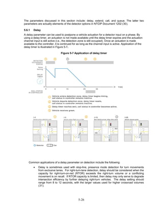 The parameters discussed in this section include: delay, extend, call, and queue. The latter two
parameters are actually elements of the detector options in NTCIP Document 1202 (30).

5.6.1   Delay
A delay parameter can be used to postpone a vehicle actuation for a detector input on a phase. By
using a delay timer, an actuation is not made available until the delay timer expires and the actuation
channel input is still active (i.e., the detection zone is still occupied). Once an actuation is made
available to the controller, it is continued for as long as the channel input is active. Application of the
delay timer is illustrated in Figure 5-7.

                                 Figure 5-7 Application of delay timer




    Common applications of a delay parameter on detection include the following:
        •   Delay is sometimes used with stop-line, presence mode detection for turn movements
            from exclusive lanes. For right-turn-lane detection, delay should be considered when the
            capacity for right-turn-on-red (RTOR) exceeds the right-turn volume or a conflicting
            movement is on recall. If RTOR capacity is limited, then delay may only serve to degrade
            intersection efficiency by further delaying right-turn vehicles. The delay setting should
            range from 8 to 12 seconds, with the larger values used for higher crossroad volumes
            (31).




                                                 5-26
 
