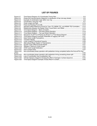 LIST OF FIGURES

Figure 6-1    Time-Space Diagram of a Coordinated Timing Plan ................................................................... 6-3
Figure 6-2    Phase and ring-and-barrier diagrams of intersection of two one-way streets.............................. 6-5
Figure 6-3    Example of coordination logic within one ring ............................................................................. 6-6
Figure 6-4    Coordination using two rings ....................................................................................................... 6-7
Figure 6-5    Cycle Length and Split .............................................................................................................. 6-10
Figure 6-6    Fixed and Floating Force-offs.................................................................................................... 6-12
Figure 6-7    Standard Offset Reference Points for Type 170, NEMA TS1, and NEMA TS2 Controllers....... 6-14
Figure 6-8    Relationship between the Master Clock, Local Clock, and Offset ............................................. 6-15
Figure 6-9    Time-Space Diagram – Basic Concepts ................................................................................... 6-17
Figure 6-10   Time-Space Diagram – One-Way Street Operation .................................................................. 6-18
Figure 6-11   Time-Space Diagram – Two-way Street Operation................................................................... 6-19
Figure 6-12   Sequence of Left Turn Phasing as Shown in a Time-Space Diagram....................................... 6-20
Figure 6-13   Time-Space Diagram Example of Benefits of Lagging Left Turns............................................. 6-21
Figure 6-14   Daily Cycle Length Fluctuations ................................................................................................ 6-23
Figure 6-15   Transition Modes....................................................................................................................... 6-26
Figure 6-16   Cycle Length & Theoretical Capacity ........................................................................................ 6-29
Figure 6-17   Alternating Offsets System of Intersections .............................................................................. 6-30
Figure 6-18   Quarter Cycle Offset Example Model........................................................................................ 6-31
Figure 6-19   Webster’s Optimum Cycle Length............................................................................................. 6-33
Figure 6-20   HCM Cycle Length Estimation .................................................................................................. 6-34
Figure 6-21   How a phase times.................................................................................................................... 6-37
Figure 6-22   Non-coordinated phase operation with pedestrian timing completed before the force-off for that
phase.        .................................................................................................................................................. 6-40
Figure 6-23   Non-coordinated phase operation with pedestrian timing exceeding phase split ...................... 6-40
Figure 6-24   Loss of coordination due to pedestrian call ............................................................................... 6-41
Figure 6-25   Vehicle trajectory diagrams showing the effect of changes in phase sequence........................ 6-43
Figure 6-26   Time-Space Diagram Example of Early Return to Green.......................................................... 6-45




                                                                          6-iii
 