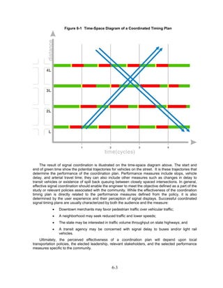 Figure 6-1 Time-Space Diagram of a Coordinated Timing Plan




    The result of signal coordination is illustrated on the time-space diagram above. The start and
end of green time show the potential trajectories for vehicles on the street. It is these trajectories that
determine the performance of the coordination plan. Performance measures include stops, vehicle
delay, and arterial travel time; they can also include other measures such as changes in delay to
transit vehicles or existence of spill back queuing between closely spaced intersections. In general,
effective signal coordination should enable the engineer to meet the objective defined as a part of the
study or relevant policies associated with the community. While the effectiveness of the coordination
timing plan is directly related to the performance measures defined from the policy, it is also
determined by the user experience and their perception of signal displays. Successful coordinated
signal timing plans are usually characterized by both the audience and the measure:
            •    Downtown merchants may favor pedestrian traffic over vehicular traffic;
            •    A neighborhood may seek reduced traffic and lower speeds;
            •    The state may be interested in traffic volume throughput on state highways; and
            •    A transit agency may be concerned with signal delay to buses and/or light rail
                 vehicles.
    Ultimately, the perceived effectiveness of a coordination plan will depend upon local
transportation policies, the elected leadership, relevant stakeholders, and the selected performance
measures specific to the community.




                                                   6-3
 