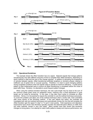 Figure 6-15 Transition Modes
                            offset @ 0 sec                                             60 sec cycle
                   12:00:00                            12:01:00                  12:02:00                  12:03:00                12:04:00
Plan 1
         … ø3 ø4       ø1     ø2        ø3        ø4
                                                                                                 60 sec cycle
                                     offset @ 24 sec
                                 12:00:24                         12:01:24                  12:02:24                  12:03:24
Plan 2
            ø2     ø3       ø4     ø1        ø2        ø3   ø4



                            offset @ 0 sec
                   8:59:00                             9:00:00                   9:01:00
Plan 1
         … ø3 ø4       ø1     ø2        ø3        ø4

                                                       9:00:00                              9:01:24
              Dw ell
                                                                   in sync in 24 seconds
                                                       9:00:00                         9:01:12                        9:02:24
              Max Dw ell (+20%)
                                                                                             in sync in 84 seconds

                                                       9:00:00                         9:01:12                        9:02:24
              Add (+20%)
                                                                                                                       in sync in 144 seconds
                                                       9:00:00               9:00:48             9:01:36              9:02:24
              Subtract (-20%)
                                                                                                                       in sync in 144 seconds
                                                       9:00:00                         9:01:12                        9:02:24
              Shortw ay (+/-20%)
                                                                                                                       in sync in 144 seconds

                                                                      offset @ 24 sec
                                                                  9:00:24                   9:01:24                   9:02:24
                        Plan 2

.

6.5.3    Operational Guidelines
     The example shows the effect transition has at a signal. Adjacent signals that change patterns
simultaneously may take different amounts of time to complete their offset transitions, depending on
which method is used and the size of the change required. In addition to disrupting the progression
of vehicles between signals, offset transitioning artificially lengthens or shortens phases, leading to
inefficient use of green time or unusual queuing. Therefore, it is best to avoid changing patterns
during congested conditions when the signals need to operate at maximum efficiency. A peak-period
pattern is best implemented early to ensure all offset transitioning is completed before the onset of
peak traffic flows. Similarly, it is desirable to avoid frequent pattern changes.
    When using the subtract transition technique, the new cycle length may be close to the sum of
the minimum phase green times (or pedestrian times), meaning only a small adjustment in cycle
length can be made by shortening. In this case, it may take many cycles to complete an offset
transition. Hence, it is not practical to require the controller to use the subtract technique exclusively.
To avoid this problem and allow use of the subtract technique when it works well, most controllers
offer some version of the Shortway method. If the user selects this option, the controller will
investigate both add and subtract techniques and automatically choose the one that will complete the
offset transition (get the signal "in step" or "in sync") most quickly. Field experience and laboratory
experiments have shown that Shortway typically provides the least-disruptive effects on traffic than
any other methods, except in very rare cases. Many studies have also shown that excessive
changes to timing plans, in an attempt to match traffic patterns closely and improve performance, can

                                                                     6-26
 