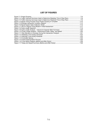 LIST OF FIGURES

Figure 7-1 Project Scoping........................................................................................................................... 7-4
Figure 7-2 Traffic Volumes Summary Used to Determine Weekday Time of Day Plans.............................. 7-8
Figure 7-3 Traffic Volumes Summary Used to Determine Weekend Time of Day Plans ............................. 7-9
Figure 7-4 Signal Timing Process Once Project Scoping Is Complete ...................................................... 7-10
Figure 7-5 Example intersection condition diagram. .................................................................................. 7-12
Figure 7-6 Signal System Data Collection Sheet ....................................................................................... 7-14
Figure 7-7 Use of a Signal Timing Model in Initial Assessment ................................................................. 7-17
Figure 7-8 Cycle Length Selection ............................................................................................................. 7-19
Figure 7-9 Cycle Length Analysis – Volume-to-Capacity Ratio Summary ................................................. 7-20
Figure 7-10 Cycle Length Analysis – Performance Index, Delay, and Speed ............................................ 7-20
Figure 7-11 Key Elements to Consider During the Intersection Analysis ................................................... 7-21
Figure 7-12 Weekday Time-of-Day Schedule ............................................................................................ 7-23
Figure 7-13 Saturday Time-of-Day Schedule............................................................................................. 7-23
Figure 7-14 Controller Markup ................................................................................................................... 7-25
Figure 7-15 Field Implementation Process................................................................................................. 7-26
Figure 7-16 Time Space Diagram (Before-and-After Study) ...................................................................... 7-28
Figure 7-17 Delay and Speed Summary (Before-and-After Study) ............................................................ 7-28




                                                                         7-ii
 