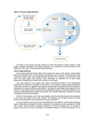 Figure 7-8 Cycle Length Selection




    As shown in the Figure, the base network for each time period is used to select a cycle
length, evaluate intersection and system operations, and identify the best plan based on the
objectives of the study. These tasks are described below.
Cycle Length Selection
    Cycle length selection should reflect local policies and users of the system. Theoretically,
shorter cycle lengths result in lower delays to all potential users. However, as tradeoffs are made
among the various users, cycle length selection becomes more complex. As we consider more
users, the cycle length may increase; each intersection is assessed for its cycle length
requirement independently to determine a minimum cycle length.
    The cycle length for the subject time period is determined based on the performance
measures that have been identified for the system. The analysis of cycle length is performed
using either simulation or signal timing software, during which the performance of the section is
evaluated for a range of different cycle lengths. The range of cycle lengths used begins with the
minimum cycle length (which is determined using Webster’s equation or a similar process) up to a
maximum value determined by signal timing policy and controller capabilities. Typically, the range
is evaluated at two second intervals.
    After the initial analysis, two to four cycle lengths should be identified based on the objectives
of the study and results of the initial analysis. The selected cycle lengths should be carried
forward and analyzed for both intersection and system operations.
    It may be helpful to summarize some of the MOEs from the different cycle length analyses to
assist in selecting cycle lengths for further evaluation. As mentioned in previous chapters, a MOE
that is often used to identify acceptable operations is volume-to-capacity ratio. A volume-to-
capacity ratio of 0.90 or less is typically an acceptable measure; a volume-to-capacity ratio of



                                                7-19
 