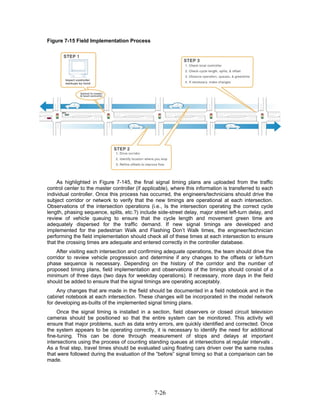 Figure 7-15 Field Implementation Process




    As highlighted in Figure 7-145, the final signal timing plans are uploaded from the traffic
control center to the master controller (if applicable), where this information is transferred to each
individual controller. Once this process has occurred, the engineers/technicians should drive the
subject corridor or network to verify that the new timings are operational at each intersection.
Observations of the intersection operations (i.e., Is the intersection operating the correct cycle
length, phasing sequence, splits, etc.?) include side-street delay, major street left-turn delay, and
review of vehicle queuing to ensure that the cycle length and movement green time are
adequately dispersed for the traffic demand. If new signal timings are developed and
implemented for the pedestrian Walk and Flashing Don’t Walk times, the engineer/technician
performing the field implementation should check all of these times at each intersection to ensure
that the crossing times are adequate and entered correctly in the controller database.
    After visiting each intersection and confirming adequate operations, the team should drive the
corridor to review vehicle progression and determine if any changes to the offsets or left-turn
phase sequence is necessary. Depending on the history of the corridor and the number of
proposed timing plans, field implementation and observations of the timings should consist of a
minimum of three days (two days for weekday operations). If necessary, more days in the field
should be added to ensure that the signal timings are operating acceptably.
     Any changes that are made in the field should be documented in a field notebook and in the
cabinet notebook at each intersection. These changes will be incorporated in the model network
for developing as-builts of the implemented signal timing plans.
     Once the signal timing is installed in a section, field observers or closed circuit television
cameras should be positioned so that the entire system can be monitored. This activity will
ensure that major problems, such as data entry errors, are quickly identified and corrected. Once
the system appears to be operating correctly, it is necessary to identify the need for additional
fine-tuning. This can be done through measurement of stops and delays at important
intersections using the process of counting standing queues at intersections at regular intervals .
As a final step, travel times should be evaluated using floating cars driven over the same routes
that were followed during the evaluation of the “before” signal timing so that a comparison can be
made.




                                                7-26
 