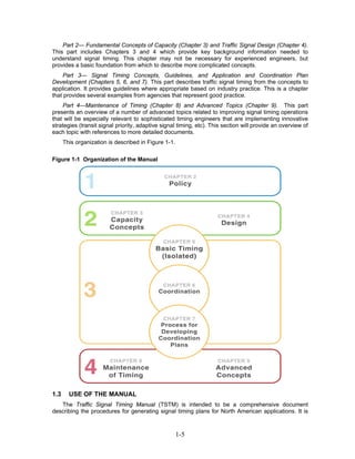 Part 2— Fundamental Concepts of Capacity (Chapter 3) and Traffic Signal Design (Chapter 4).
This part includes Chapters 3 and 4 which provide key background information needed to
understand signal timing. This chapter may not be necessary for experienced engineers, but
provides a basic foundation from which to describe more complicated concepts.
    Part 3— Signal Timing Concepts, Guidelines, and Application and Coordination Plan
Development (Chapters 5, 6, and 7). This part describes traffic signal timing from the concepts to
application. It provides guidelines where appropriate based on industry practice. This is a chapter
that provides several examples from agencies that represent good practice.
    Part 4—Maintenance of Timing (Chapter 8) and Advanced Topics (Chapter 9). This part
presents an overview of a number of advanced topics related to improving signal timing operations
that will be especially relevant to sophisticated timing engineers that are implementing innovative
strategies (transit signal priority, adaptive signal timing, etc). This section will provide an overview of
each topic with references to more detailed documents.
      This organization is described in Figure 1-1.

Figure 1-1 Organization of the Manual




1.3     USE OF THE MANUAL
   The Traffic Signal Timing Manual (TSTM) is intended to be a comprehensive document
describing the procedures for generating signal timing plans for North American applications. It is



                                                      1-5
 