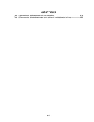 LIST OF TABLES
Table 4-1 Recommended distance between stop line and detector.................................................................. 4-28
Table 4-2 Recommended detector locations and timing settings for multiple detector technique ..................... 4-29




                                                               4-ii
 