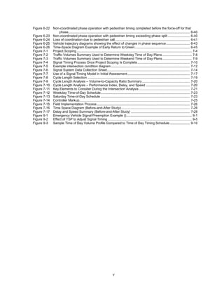 Figure 6-22   Non-coordinated phase operation with pedestrian timing completed before the force-off for that
                   phase.................................................................................................................................... 6-40
Figure 6-23   Non-coordinated phase operation with pedestrian timing exceeding phase split ........................ 6-40
Figure 6-24   Loss of coordination due to pedestrian call ................................................................................. 6-41
Figure 6-25   Vehicle trajectory diagrams showing the effect of changes in phase sequence.......................... 6-43
Figure 6-26   Time-Space Diagram Example of Early Return to Green............................................................ 6-45
Figure 7-1    Project Scoping ............................................................................................................................. 7-4
Figure 7-2    Traffic Volumes Summary Used to Determine Weekday Time of Day Plans ................................ 7-8
Figure 7-3    Traffic Volumes Summary Used to Determine Weekend Time of Day Plans ................................ 7-9
Figure 7-4    Signal Timing Process Once Project Scoping Is Complete ......................................................... 7-10
Figure 7-5    Example intersection condition diagram...................................................................................... 7-12
Figure 7-6    Signal System Data Collection Sheet.......................................................................................... 7-14
Figure 7-7    Use of a Signal Timing Model in Initial Assessment.................................................................... 7-17
Figure 7-8    Cycle Length Selection ............................................................................................................... 7-19
Figure 7-9    Cycle Length Analysis – Volume-to-Capacity Ratio Summary .................................................... 7-20
Figure 7-10   Cycle Length Analysis – Performance Index, Delay, and Speed ................................................ 7-20
Figure 7-11   Key Elements to Consider During the Intersection Analysis ....................................................... 7-21
Figure 7-12   Weekday Time-of-Day Schedule................................................................................................. 7-23
Figure 7-13   Saturday Time-of-Day Schedule ................................................................................................. 7-23
Figure 7-14   Controller Markup........................................................................................................................ 7-25
Figure 7-15   Field Implementation Process ..................................................................................................... 7-26
Figure 7-16   Time Space Diagram (Before-and-After Study)........................................................................... 7-28
Figure 7-17   Delay and Speed Summary (Before-and-After Study) ................................................................ 7-28
Figure 9-1    Emergency Vehicle Signal Preemption Example ()....................................................................... 9-1
Figure 9-2    Effect of TSP to Adjust Signal Timing ........................................................................................... 9-5
Figure 9-3    Sample Time of Day Volume Profile Compared to Time of Day Timing Schedule ...................... 9-10




                                                                          v
 