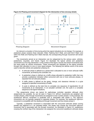 Figure 4-2 Phasing and movement diagram for the intersection of two one-way streets




    An interval is a duration of time during which the signal indications do not change. For example, a
pedestrian phase contains three intervals—Walk, Flashing Don’t Walk, and solid Don’t Walk—and
within the Walk and Flashing Don’t Walk intervals, the corresponding through movement will remain
green.
    The movements served at an intersection can be categorized by the various users: vehicles,
pedestrians, bicyclists, and transit. Figure 4-2 illustrates the typical vehicle and pedestrian
movements at a four-leg intersection. In the context of this figure, bicycle and transit movements track
the same paths as vehicle movements. These movements are regulated by the signal controller
through their allocation to one or more signal phases. The following list defines some of the terms
used to describe vehicle and pedestrian phasing (4):
        •   A vehicular phase is defined as a phase that is allocated to one or more vehicular traffic
            movements, as timed by the controller unit.
        •   A pedestrian phase is defined as a traffic phase allocated to pedestrian traffic that may
            provide a pedestrian indication either concurrent with one or more vehicular phases, or
            separate from all vehicular phases.
        •   A traffic phase is defined as the green, change, and clearance intervals in a cycle
            assigned to specified movement(s) of traffic.
        •   A cycle is defined as the total time to complete one sequence of signalization for all
            movements at an intersection. In an actuated controller unit, the cycle is a complete
            sequence of all signal indications.
    The assignments shown are typical for eight-phase controller operation although other
assignments are possible. As can be seen in Figure 4-3, left-turn movements are assigned odd
number phases, while through movements are assigned to even number phases. In this example, the
southbound left-turn movement is protected and is associated with phase 5. The right-turn
movements are not typically assigned to separate phases. For example, the westbound right-turn
movement is compatible with the westbound through movement and thus shares phase 4.
    Typically, a pedestrian movement is associated with the concurrent vehicular phase running
parallel and adjacent to it. As indicated earlier, this phase may include the concurrent right-turn
movement that is associated with the through movement. As illustrated in Figure 4-3, pedestrians
crossing the northern leg of the intersection are assigned the concurrent westbound vehicular phase


                                                 4-4
 