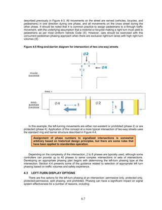 described previously in Figure 4-3. All movements on the street are served (vehicles, bicycles, and
pedestrians) in one direction during one phase, and all movements on the cross street during the
other phase. It should be noted that it is common practice to assign pedestrians to a through traffic
movement, with the underlying assumption that a motorist or bicyclist making a right turn must yield to
pedestrians as per most Uniform Vehicle Code (5). However, care should be exercised with this
concurrent pedestrian phasing approach when there are exclusive right-turn lanes with high right turn
volumes (6].

Figure 4-5 Ring-and-barrier diagram for intersection of two one-way streets




    In this example, the left-turning movements are either non-existent or prohibited (phase 2) or are
protected (phase 4). Application of this concept at a more typical intersection of two-way streets uses
the standard ring and barrier structure described in Figure 4-4.

        Assignment of phase numbers to signalized intersections is somewhat
        arbitrary based on historical design principles, but there are some rules that
        have been applied to standardize operation.


     Depending on the complexity of the intersection, 2 to 8 phases are typically used, although some
controllers can provide up to 40 phases to serve complex intersections or sets of intersections.
Developing an appropriate phasing plan begins with determining the left-turn phasing type at the
intersection. Section 4.4 presents some of the guidance related to selection of appropriate left turn
phasing based on traffic volumes and safety experience.

4.3   LEFT-TURN DISPLAY OPTIONS
    There are five options for the left-turn phasing at an intersection: permissive only, protected only,
protected-permissive, split phasing, and prohibited. Phasing can have a significant impact on signal
system effectiveness for a number of reasons, including:




                                                  4-7
 