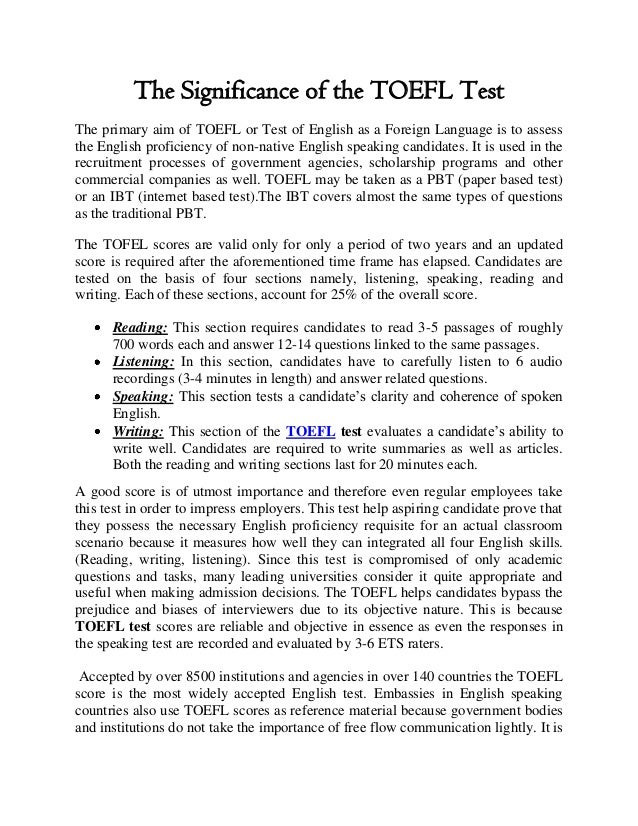 toefl exam practice toefl significance The test. of the