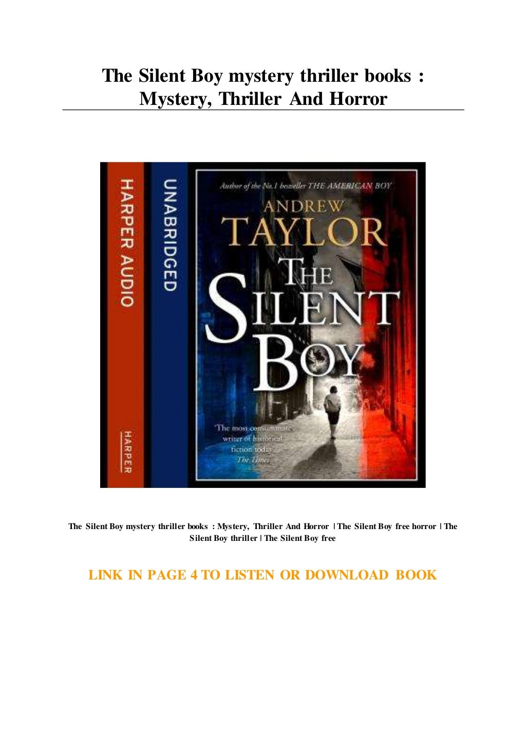 The Silent Boy mystery thriller books : Mystery... Thriller And Horror
