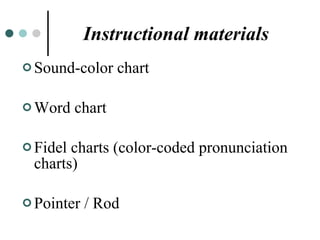 Instructional materials Sound-color chart Word chart Fidel charts (color-coded pronunciation charts) Pointer / Rod 