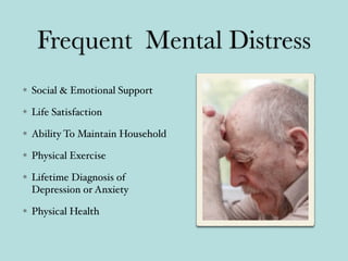 Frequent Mental Distress
Social & Emotional Support
Life Satisfaction
Ability To Maintain Household
Physical Exercise
Lifetime Diagnosis of
Depression or Anxiety
Physical Health
 