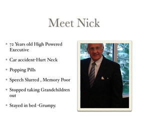 Meet Nick
72 Years old High Powered
Executive
Car accident-Hurt Neck
Popping Pills
Speech Slurred , Memory Poor
Stopped taking Grandchildren
out
Stayed in bed -Grumpy.
 