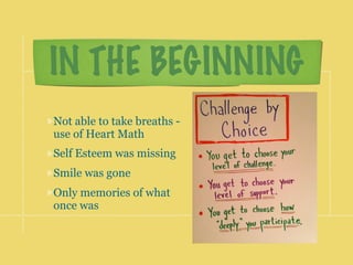 IN THE BEGINNING
Not able to take breaths -
use of Heart Math
Self Esteem was missing
Smile was gone
Only memories of what
once was
 