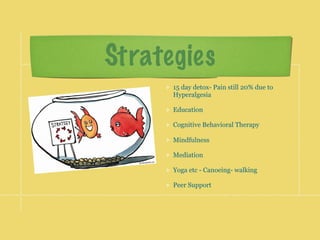 Strategies
15 day detox- Pain still 20% due to
Hyperalgesia
Education
Cognitive Behavioral Therapy
Mindfulness
Mediation
Yoga etc - Canoeing- walking
Peer Support
 