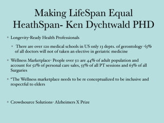 Making LifeSpan Equal
HeathSpan- Ken Dychtwald PHD
Longevity-Ready Health Professionals
There are over 12o medical schools in US only 13 depts. of gerontology -(5%
of all doctors will not of taken an elective in geriatric medicine
Wellness Marketplace- People over 50 are 44% of adult population and
account for 52% of personal care sales, 55% of all PT sessions and 63% of all
Surguries
“The Wellness marketplace needs to be re conceptualized to be inclusive and
respectful to elders
Crowdsource Solutions- Alzheimers X Prize
 