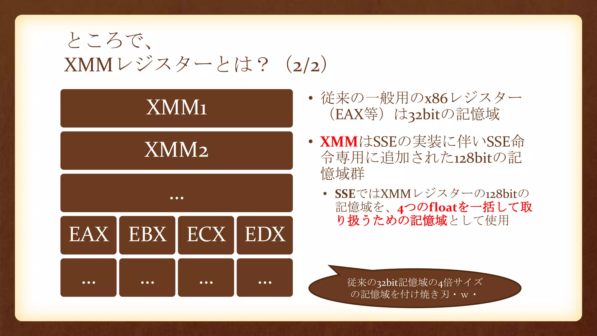 ところで、
XMMレジスターとは？（2/2）
• 従来の一般用のx86レジスター
（EAX等）は32bitの記憶域
• XMMはSSEの実装に伴いSSE命
令専用に追加された128bitの記
憶域群
• SSEではXMMレジスターの128bitの
記憶域を、4つのfloatを一括して取
り扱うための記憶域として使用
XMM1
XMM2
…
EAX
…
EBX
…
ECX
…
EDX
… 従来の32bit記憶域の4倍サイズ
の記憶域を付け焼き刃・ｗ・
 