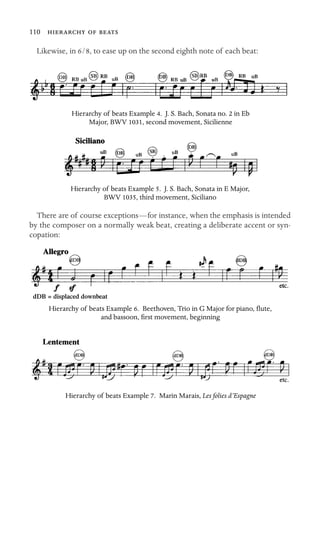 —
copation:
110
dDB = displaced downbeat
Likewise, in 6/8, to ease up on the second eighth note of each beat:
There are of course exceptions for instance, when the emphasis is intended
by the composer on a normally weak beat, creating a deliberate accent or syn-
  
Hierarchy of beats Example 4. J. S. Bach, Sonata no. 2 in Eb
Major, BWV 1031, second movement, Sicilienne
Hierarchy of beats Example 5. J. S. Bach, Sonata in E Major,
BWV 1035, third movement, Siciliano
Hierarchy of beats Example 6. Beethoven, Trio in G Major for piano, ﬂute,
and bassoon, ﬁrst movement, beginning
Hierarchy of beats Example 7. Marin Marais, Les folies d’Espagne
 