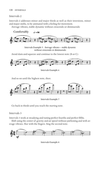 130 
Intervals 2
Intervals 2 addresses minor and major thirds as well as their inversions, minor
and major sixths, to be animated with a feeling for movement.
Average vibrato, stable dynamic without crescendo or diminuendo
Comfortably
Intervals Example 5. Average vibrato—stable dynamic
without crescendo or diminuendo
Avoid slam-and-squeeze and continue to the lowest note (B or C):
Intervals Example 6
And so on until the highest note, then:
Intervals Example 7
Go back in thirds until you reach the starting note.
Intervals 3
Intervals 3 work at steadying and tuning perfect fourths and perfect ﬁfths.
Shift using the center of gravity and air speed without jawboning and with av-
erage vibrato. Slur with the ﬁngers. Sing the second note.
Intervals Example 8
 