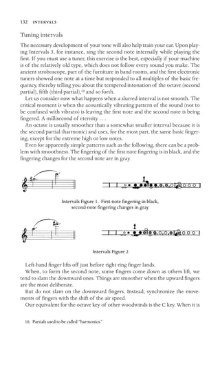 132 
Tuning intervals
The necessary development of your tone will also help train your ear. Upon play-
ing Intervals 3, for instance, sing the second note internally while playing the
ﬁrst. If you must use a tuner, this exercise is the best, especially if your machine
is of the relatively old type, which does not follow every sound you make. The
ancient stroboscope, part of the furniture in band rooms, and the ﬁrst electronic
tuners showed one note at a time but responded to all multiples of the basic fre-
quency, thereby telling you about the tempered intonation of the octave (second
partial), ﬁfth (third partial),10 and so forth.
Let us consider now what happens when a slurred interval is not smooth. The
critical moment is when the acoustically vibrating pattern of the sound (not to
be confused with vibrato) is leaving the ﬁrst note and the second note is being
ﬁngered. A millisecond of eternity . . .
An octave is usually smoother than a somewhat smaller interval because it is
the second partial (harmonic) and uses, for the most part, the same basic ﬁnger-
ing, except for the extreme high or low notes.
Even for apparently simple patterns such as the following, there can be a prob-
lem with smoothness. The ﬁngering of the ﬁrst note ﬁngering is in black, and the
ﬁngering changes for the second note are in gray.
Intervals Figure 1. First-note ﬁngering in black,
second-note ﬁngering changes in gray
Intervals Figure 2
Left-hand ﬁnger lifts off just before right ring ﬁnger lands.
When, to form the second note, some ﬁngers come down as others lift, we
tend to slam the downward ones. Things are smoother when the upward ﬁngers
are the most deliberate.
But do not slam on the downward ﬁngers. Instead, synchronize the move-
ments of ﬁngers with the shift of the air speed.
Our equivalent for the octave key of other woodwinds is the C key. When it is
10. Partials used to be called “harmonics.”
 