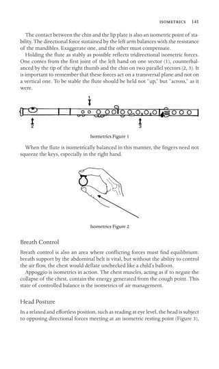  141

The contact between the chin and the lip plate is also an isometric point of sta-
bility. The directional force sustained by the left arm balances with the resistance
of the mandibles. Exaggerate one, and the other must compensate.
Holding the ﬂute as stably as possible reﬂects tridirectional isometric forces.
One comes from the ﬁrst joint of the left hand on one vector (1), counterbal-
anced by the tip of the right thumb and the chin on two parallel vectors (2, 3). It
is important to remember that these forces act on a transversal plane and not on
a vertical one. To be stable the ﬂute should be held not “up,” but “across,” as it
were.
Isometrics Figure 1
When the ﬂute is isometrically balanced in this manner, the ﬁngers need not
squeeze the keys, especially in the right hand.
Isometrics Figure 2
Breath Control
Breath control is also an area where conﬂicting forces must ﬁnd equilibrium:
breath support by the abdominal belt is vital, but without the ability to control
the air ﬂow, the chest would deﬂate unchecked like a child’s balloon.
Appoggio is isometrics in action. The chest muscles, acting as if to negate the
collapse of the chest, contain the energy generated from the cough point. This
state of controlled balance is the isometrics of air management.
Head Posture
In a relaxed and effortless position, such as reading at eye level, the head is subject
to opposing directional forces meeting at an isometric resting point (Figure 3),
 
