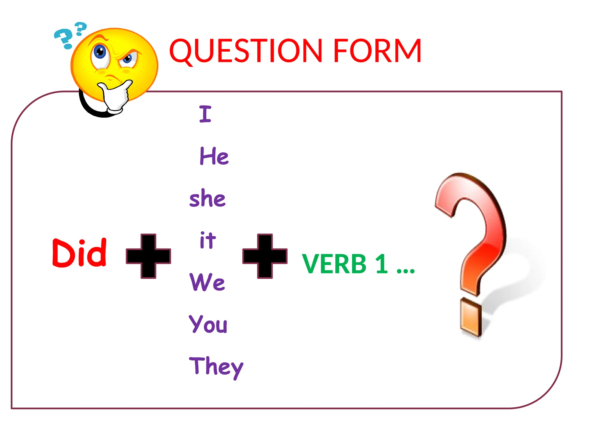 QUESTION FORM
I
He
she
it
We
You
They
VERB 1 …
Did
 