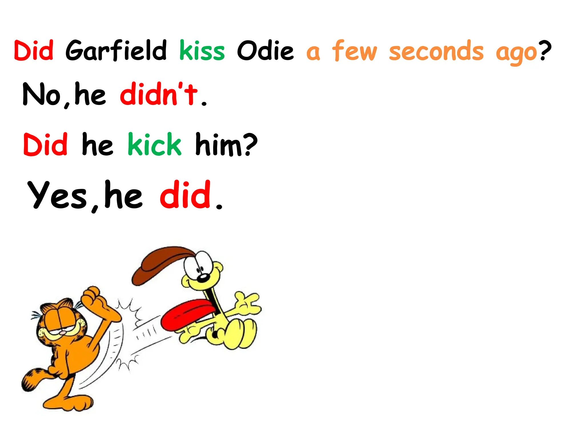 Did Garfield kiss Odie a few seconds ago?
No,he didn’t.
Did he kick him?
Yes,he did.
 