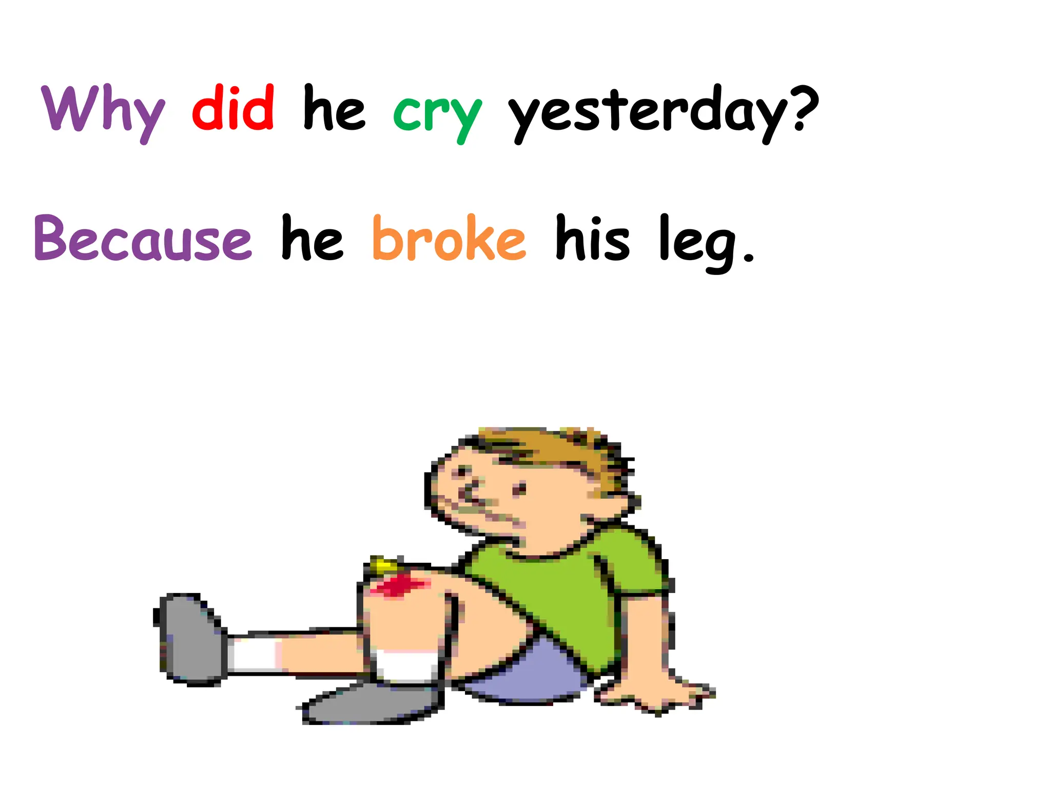 Because he broke his leg.
Why did he cry yesterday?
 