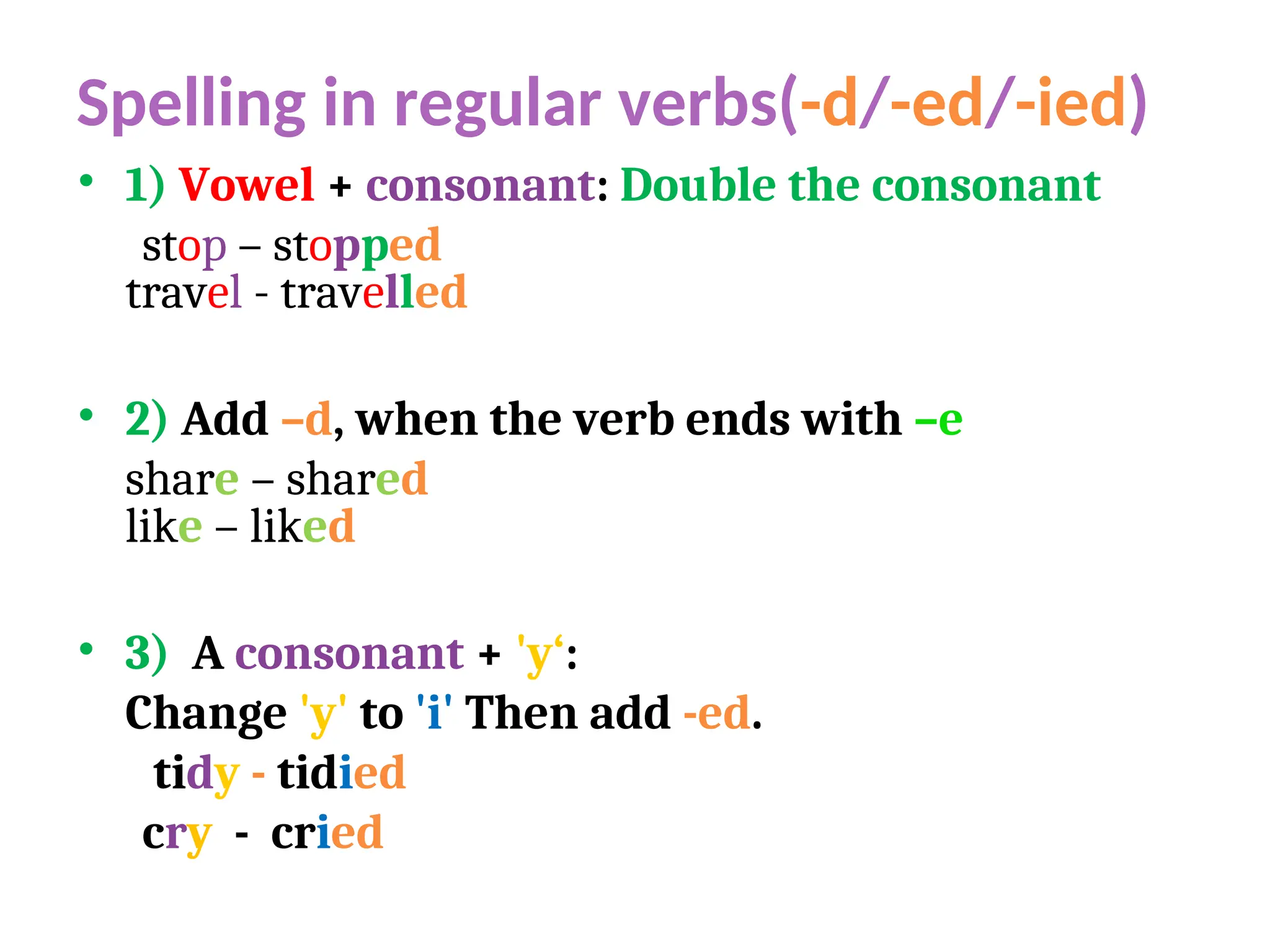 Spelling in regular verbs(-d/-ed/-ied)
• 1) Vowel + consonant: Double the consonant
stop – stopped
travel - travelled
• 2) Add –d, when the verb ends with –e
share – shared
like – liked
• 3) A consonant + 'y‘:
Change 'y' to 'i' Then add -ed.
tidy - tidied
cry - cried
 