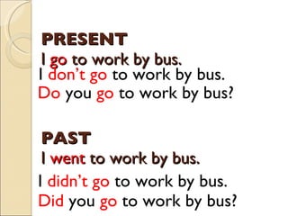 PRESENT I  go  to work by bus. PAST I  went  to work by bus. I  don’t go  to work by bus. Do  you  go  to work by bus? I  didn’t go  to work by bus. Did  you  go  to work by bus? 