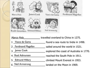 Marco Polo____________   travelled overland to China in 1275. 1 _______________________ found a sea route to India in 1498. 2 _______________________ sailed around the world in 1521.  3 _______________________ explored the coast of Australia in 1770. 4 _______________________ reached the South Pole in 1911. 5 _______________________ climbed Mount Everest in 1953. 6 _______________________ landed on the Moon in 1969. Vasco da Gama Ferdinand Magellan James Cook Edmund Hillary Roal Admunsen Neil Armstrong 