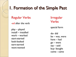 1. Formation of the Simple Past Regular Verbs - ed  after the verb play – played install – installed work – worked start-started look-looked earn-earned want-wanted Irregular Verbs special form do- did be – was, were have – had go – went say – said buy- bought come - came 