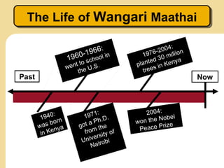 The Life of Wangari Maathai
 The Life of Wangari Maathai

                                                 4:
                        1 966: in            -200 llion
                                        1976 0 mi
                   1960- school               3
                      t to               nted Kenya
                                      pla s in
                   wen e U.S.
                       th               tree
Past                                                      Now



                              :           2004:
             :
        1940 rn         1971 .D.                  bel
             o          taP e
                              h       wo n the No
         as b a       go                          ze
       w       y               th      P eace Pri
        in Ke n         from ity of
                              rs
                       U nive bi
                                 o
                           N air
 