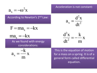 As we found with energy
considerations:
ax  2
x
F  max  kx
max  kx
ax 
k
m
x
According to Newton’s 2nd Law:

ax 
d2
x
dt2
Acceleration is not constant:

d2
x
dt2
 
k
m
x
This is the equation of motion
for a mass on a spring. It is of a
general form called differential
equation.
 