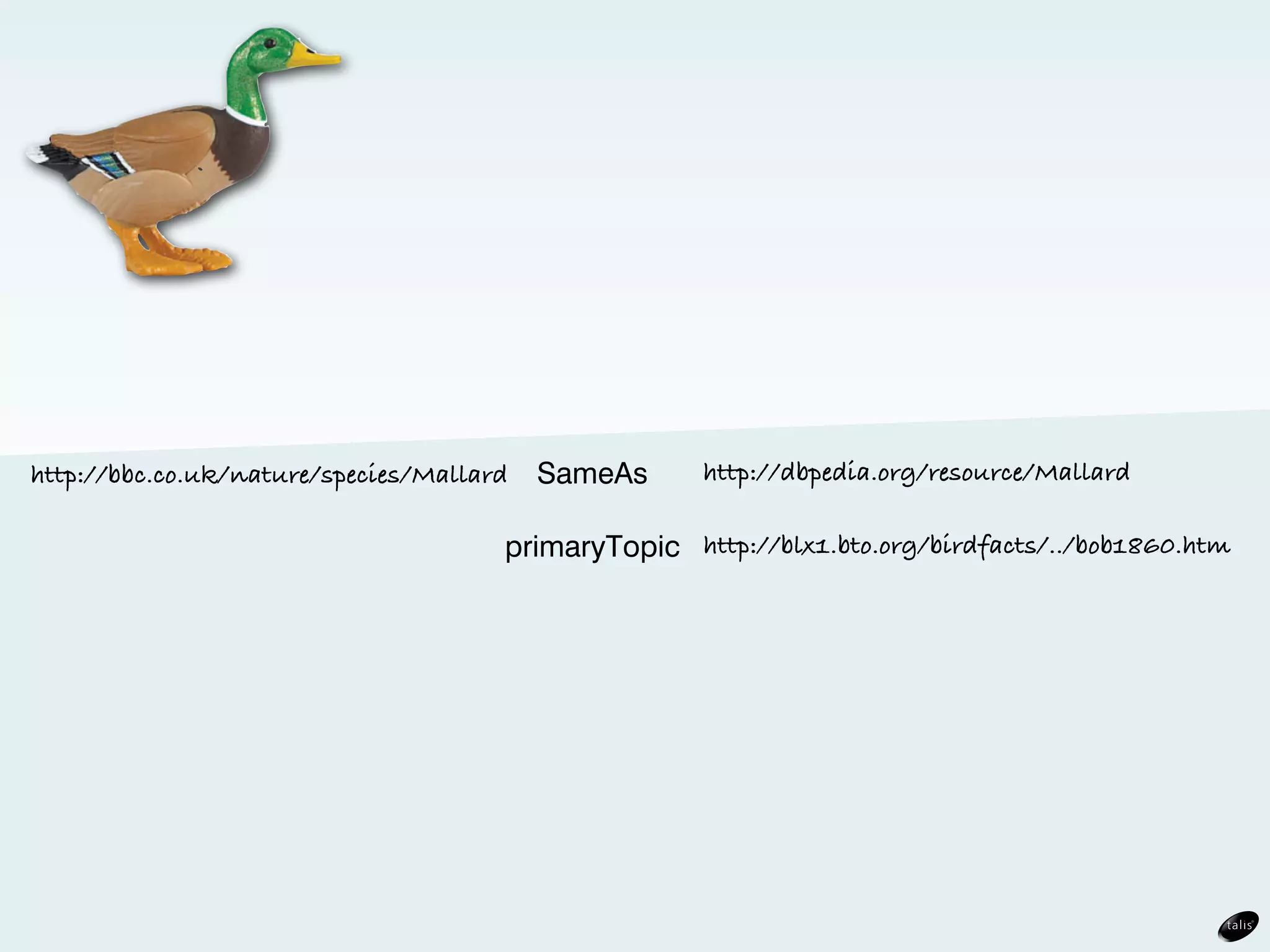 http://bbc.co.uk/nature/species/Mallard   SameAs     http://dbpedia.org/resource/Mallard

                                      primaryTopic http://blx1.bto.org/birdfacts/../bob1860.htm
 