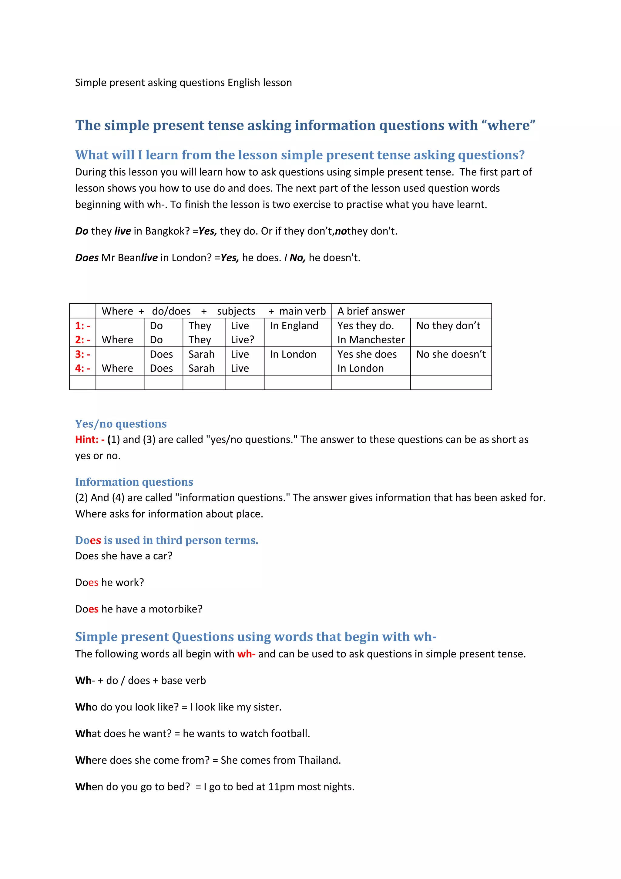 Simple present tense asking questions english lesson | DOCX
