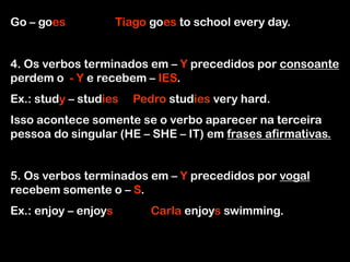 Go – goes Tiago goes to school every day.
4. Os verbos terminados em – Y precedidos por consoante
perdem o - Y e recebem – IES.
Ex.: study – studies Pedro studies very hard.
Isso acontece somente se o verbo aparecer na terceira
pessoa do singular (HE – SHE – IT) em frases afirmativas.
5. Os verbos terminados em – Y precedidos por vogal
recebem somente o – S.
Ex.: enjoy – enjoys Carla enjoys swimming.
 