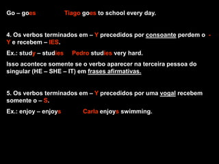 Go – goes Tiago goes to school every day.
4. Os verbos terminados em – Y precedidos por consoante perdem o -
Y e recebem – IES.
Ex.: study – studies Pedro studies very hard.
Isso acontece somente se o verbo aparecer na terceira pessoa do
singular (HE – SHE – IT) em frases afirmativas.
5. Os verbos terminados em – Y precedidos por uma vogal recebem
somente o – S.
Ex.: enjoy – enjoys Carla enjoys swimming.
 