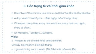 3. Các trạng từ chỉ thời gian khác
 Once/ twice/ three times/ four times/...(một lần/ hai lần/ ba lần/ bốn lần)
 A day/ week/ month/ year, ... (Một ngày/ tuần/ tháng/ năm)
 Whenever, every time, every now and then, every now and again,
every so often…
 On Mondays, Tuesdays,... Sundays.
Ví dụ:
o He goes to the cinema three times a month.
(Anh ấy đi xem phim 3 lần mỗi tháng)
o I go swimming once a week. (Tôi đi bơi mỗi tuần một lần)
 