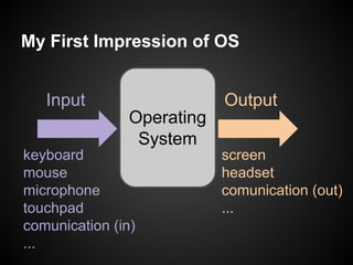 My First Impression of OS
Operating
System
Input Output
keyboard
mouse
microphone
touchpad
comunication (in)
...
screen
headset
comunication (out)
...
 