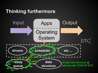 Thinking furthermore
Apps
Operating
System
Input Output
drivers scheduler etc ...
ETC
ready
queue
data
structure
Simple Data Structure @
lightning talk COSCUP 2013
 