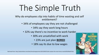 The Simple Truth
Why do employees slip into habits of time wasting and self
entitlement?
• 34% of employees say they are not challenged
• 34% say they work long hours
• 32% say there’s no incentive to work harder
• 30% are unsatisfied with work
• 23% are just plan BORED
• 18% say its due to low wages
Retrieved from: http://www.forbes.com/sites/cherylsnappconner/2013/09/07/who-wastes-the-most-time-at-work/#32efbab57b3a
 