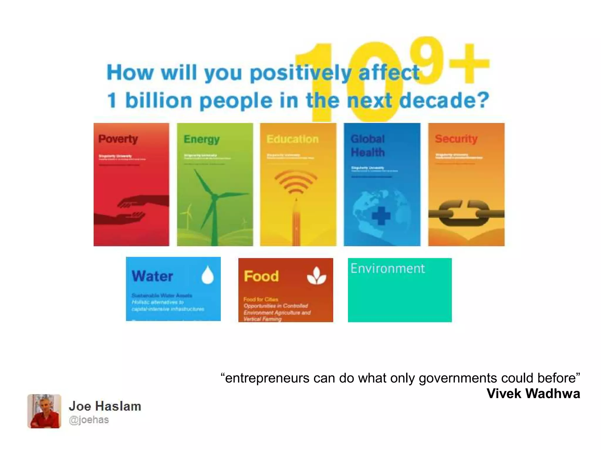 “entrepreneurs can do what only governments could before”
Vivek Wadhwa
 