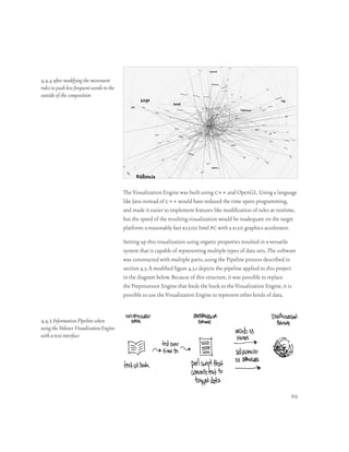 4.4.4 after modifying the movement
rules to push less frequent words to the
outside of the composition




                                           The Visualization Engine was built using c++ and OpenGL. Using a language
                                           like Java instead of c++ would have reduced the time spent programming,
                                           and made it easier to implement features like modification of rules at runtime,
                                           but the speed of the resulting visualization would be inadequate on the target
                                           platform: a reasonably fast $2500 Intel pc with a $150 graphics accelerator.

                                           Setting up this visualization using organic properties resulted in a versatile
                                           system that is capable of representing multiple types of data sets. The software
                                           was constructed with multiple parts, using the Pipeline process described in
                                           section 4.3. A modified figure 4.3.1 depicts the pipeline applied to this project
                                           in the diagram below. Because of this structure, it was possible to replace
                                           the Preprocessor Engine that feeds the book to the Visualization Engine, it is
                                           possible to use the Visualization Engine to represent other kinds of data.


4.4.5 Information Pipeline when
using the Valence Visualization Engine
with a text interface




                                                                                                                         69
 